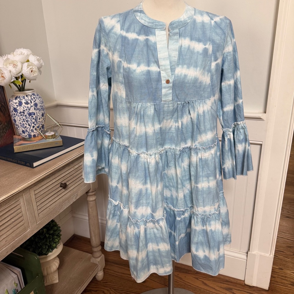 FAHERTY Vida Tie Dye Cotton Trapeze Dress In Faded Blue Mini Dress Small
